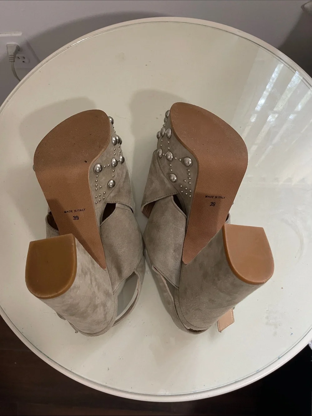 Platform Suede Slingback Sandals with Gem Embellishments - Beige